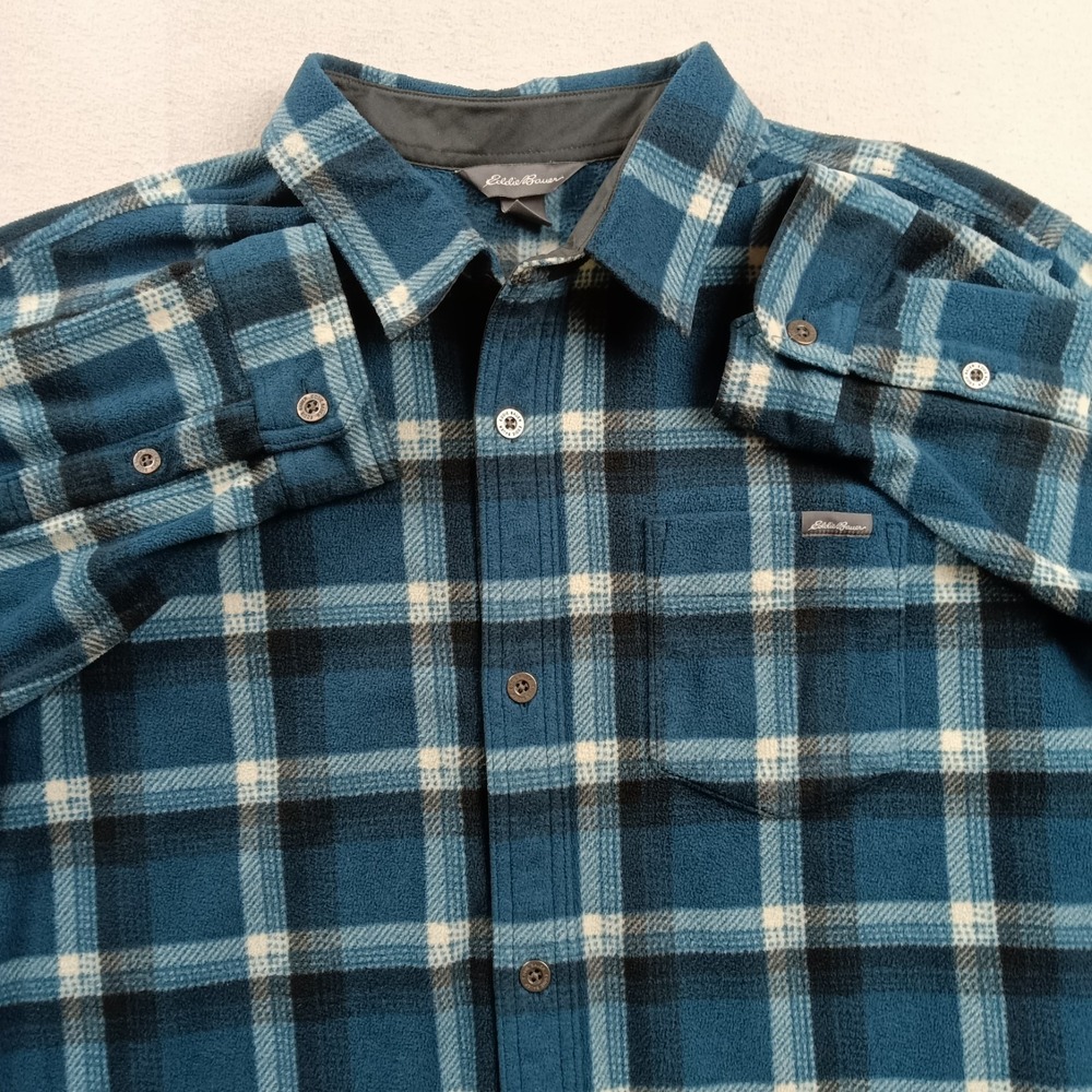 Eddie‎ Bauer Mens XL Blue Green Plaid Fleece Long Sleeve Shirt